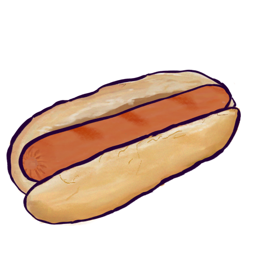  A drawing of a hot dog, which is a pinkish-brown sausage inside a split long bread roll. It is colored in a painterly style and has very dark purple outlines.